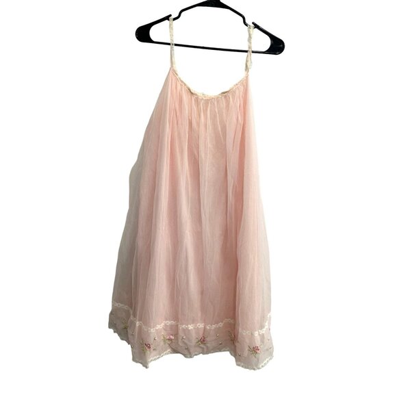 Vintage Vanity Fair Pink Nylon Tricot Slip Dress Baby Doll Floral Lace NIghtgown - Picture 1 of 8